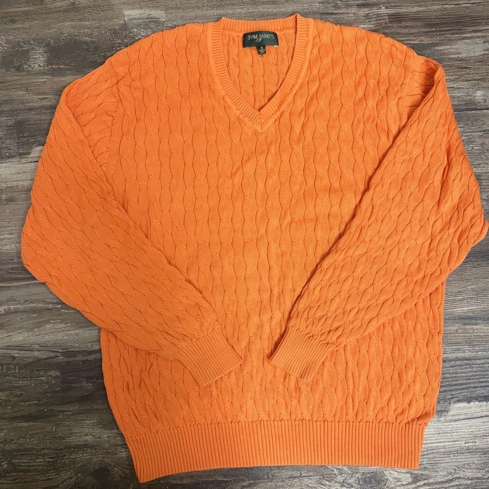 Tom James Women’s Orange Cable Knit V-Neck Sweater Size XL